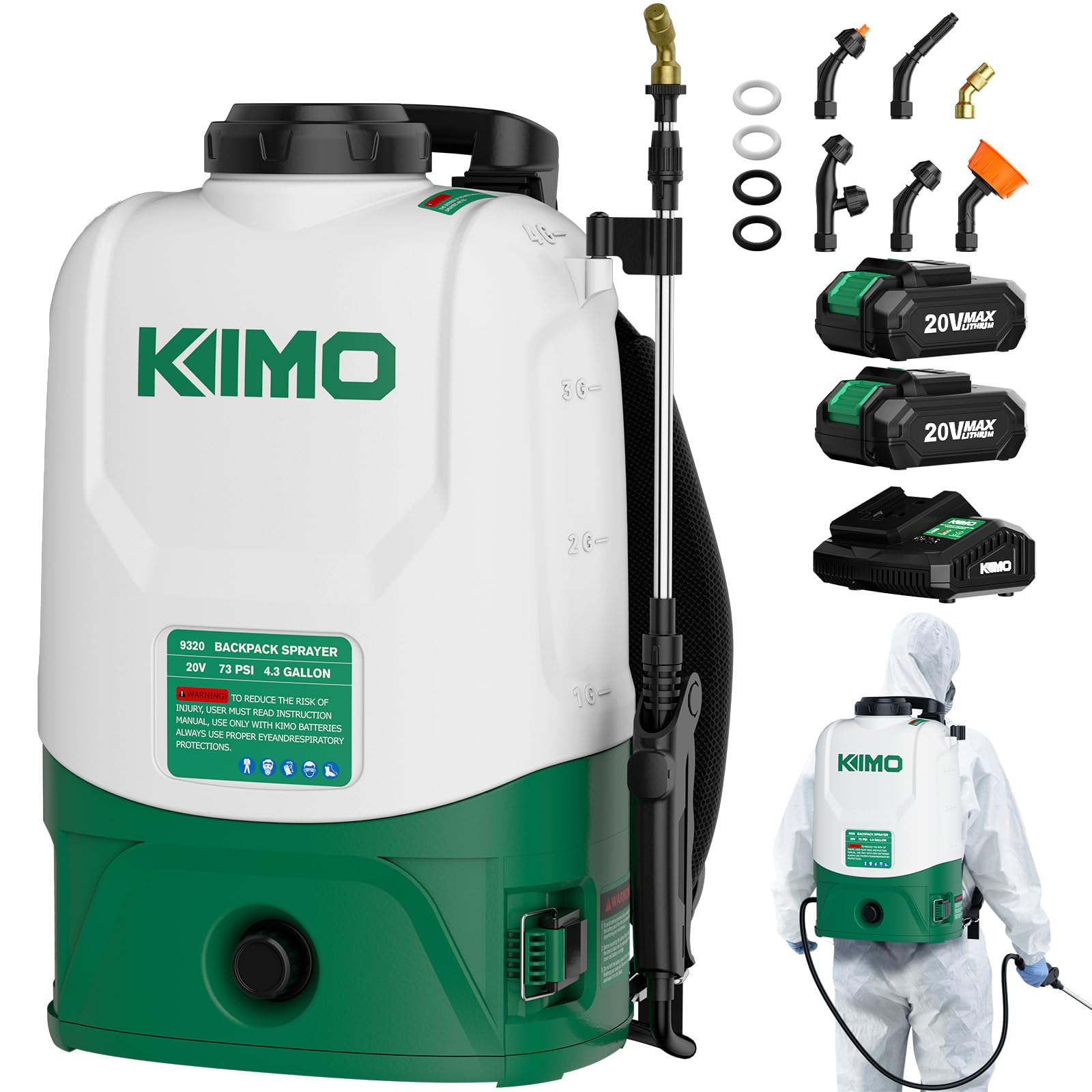 KIMYO KIMO 4.3 Gallon Battery Powered Backpack Sprayer, 2PCS 20V 2.0Ah Batte